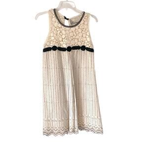 Diane Samandi Ivory Cream Black Eyelet Embroidered Lace Mini Dress size small